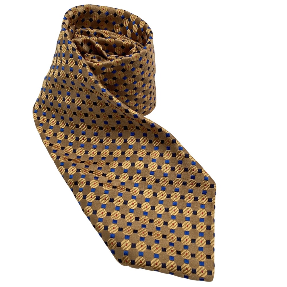 John W. Nordstrom Mens Silk Tie Gold Tan Blue Geometric Pattern Made in Italy
